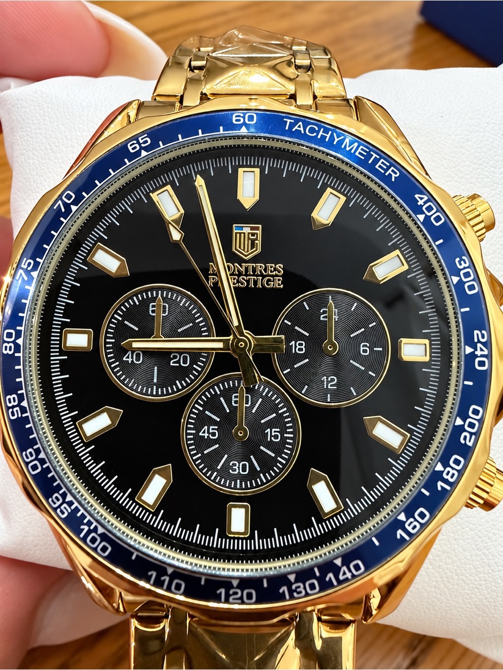 Invicta Montres Prestige Gold Watch w/Black Dial and Blue Bezel